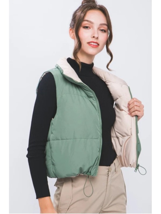 Love Tree Jackets & Blazers - NEW Love Tree Reversible Puffer Vest Size L Green and Beige